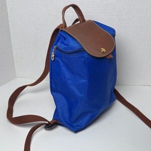 LONGCHAMP Le Pilage Vibrant Blue Nylon Backpack Brown Leather Trim Sporty Travel